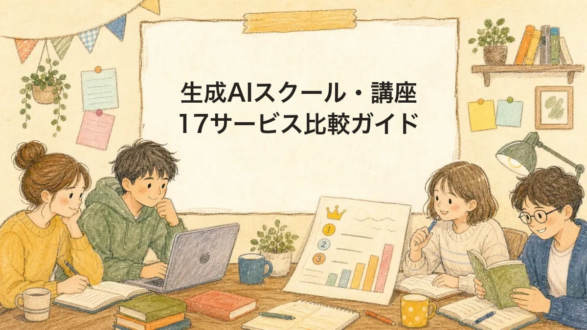 生成AIスクール・講座、17サービス比較ガイドと書かれた手書き風イラスト