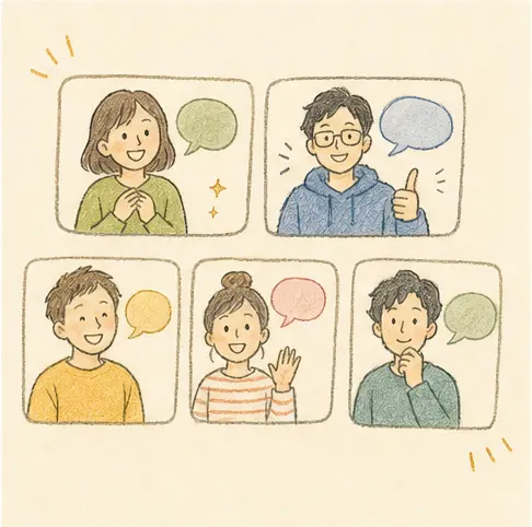 口コミカードを見比べる人たちの手書き風イラスト