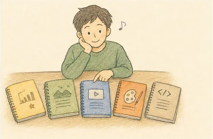 複数の学習ノートから自分に合う道を選ぶ人の手書き風イラスト