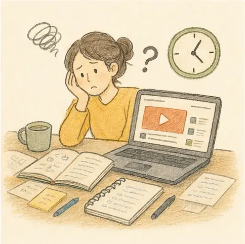 動画だけで学んで迷っている人の手書き風イラスト
